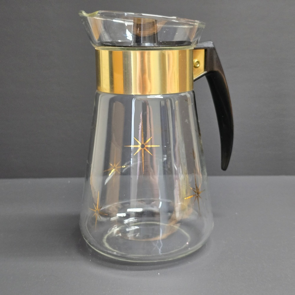 Coffee‎ Carafe Clear Gold Glass Starburst Atomic Mid-Century Modern Retro MCM